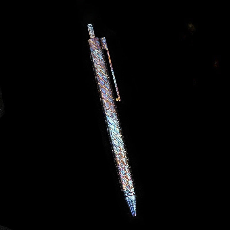 Damascus Tactical Pen – Titanium with CNC Engraved Titanium / Zirconium / Steel Writing detail image - detail view 16