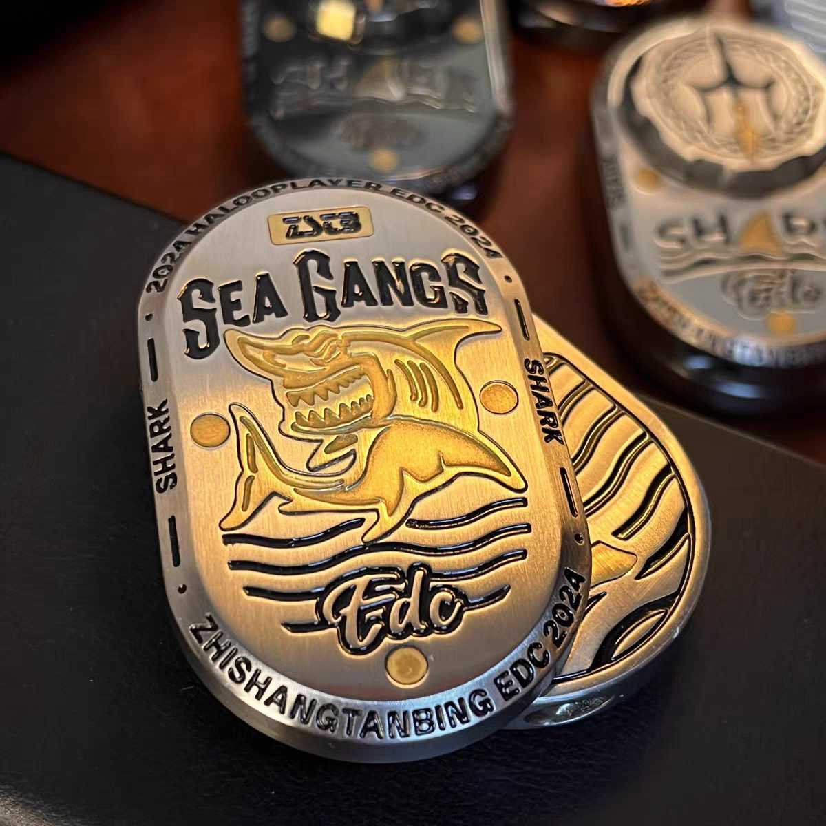 Stainless Steel Fidget Slider – Sea Shark EDC with Brass Shark Inlay variant image - product view 4