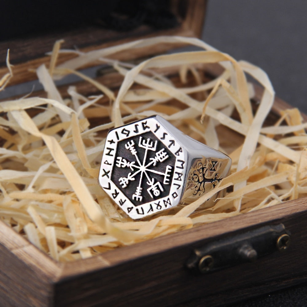 Vegvisir Compass Ring – Viking with Hexagon Norse Rune Geometric Gothic Band product image